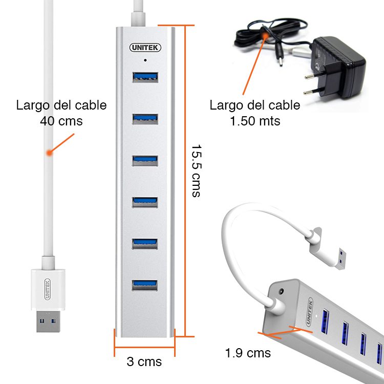 Hub USB 3.0 duplicador 7 puertos energizado Unitek - Imagen 5