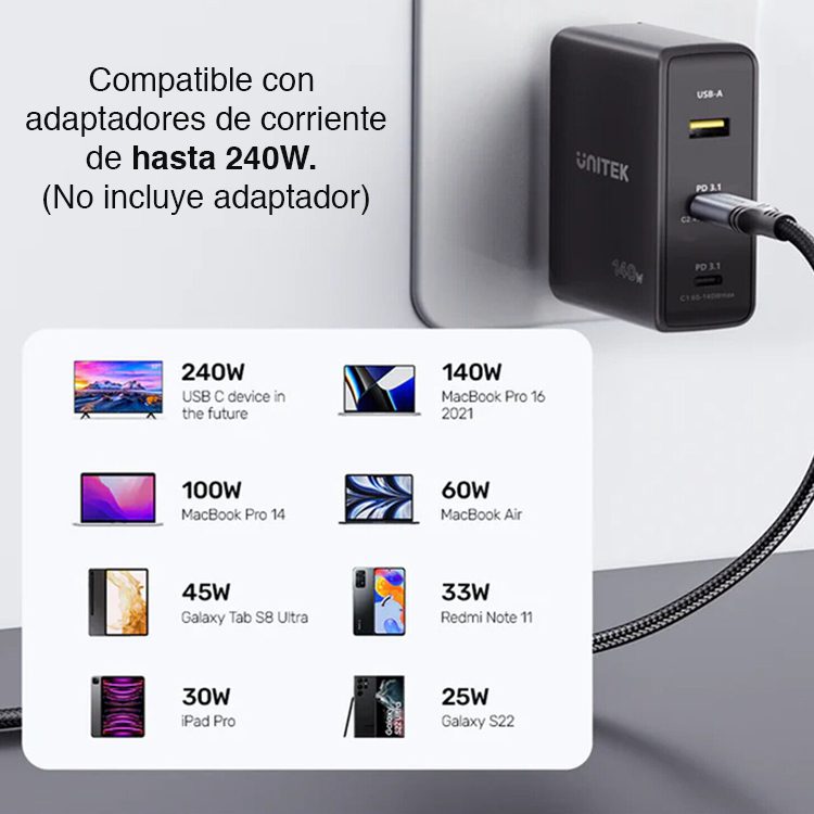 Cable USB C Carga Rápida 240W PD 3.1 de 2 mts - Imagen 4