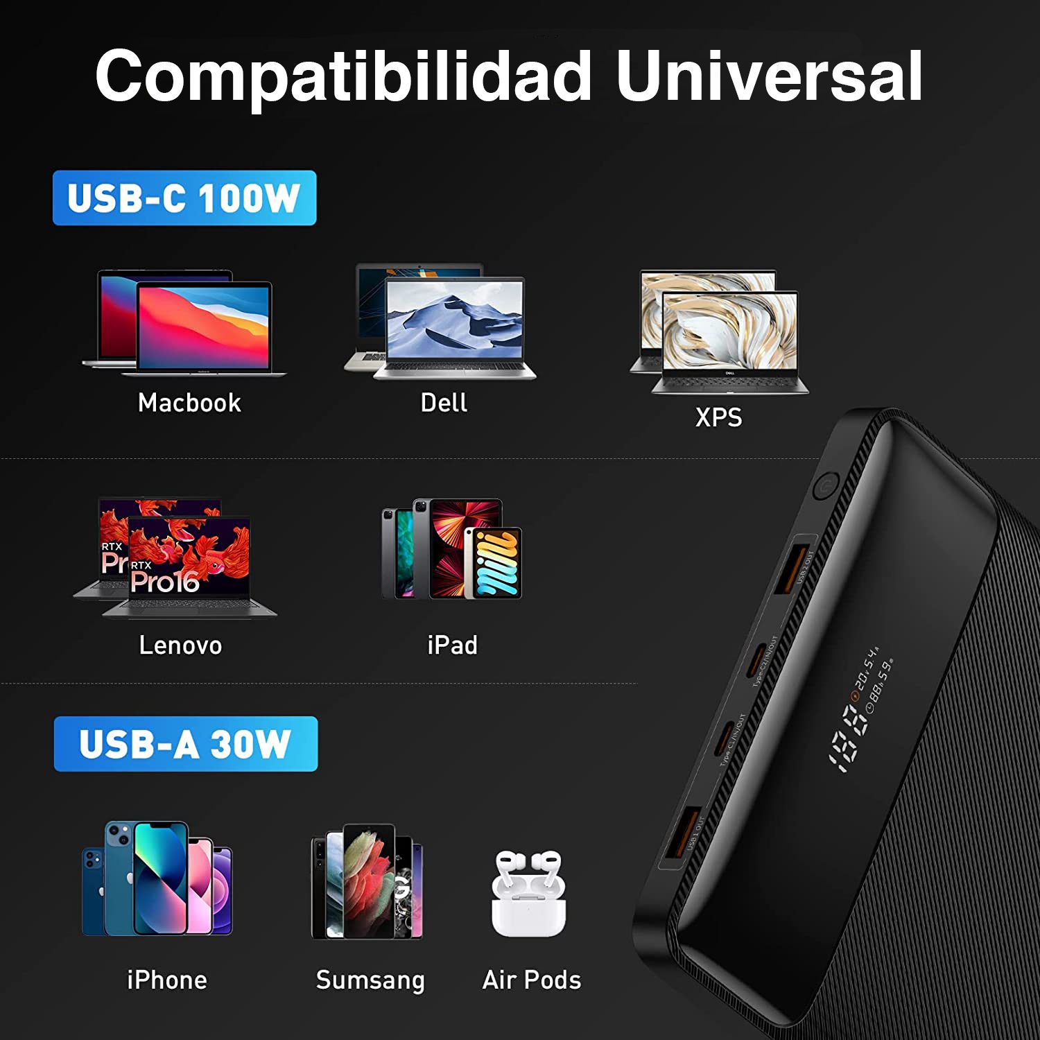 Batería Externa 100W USB C Notebook Mac y celular - Imagen 6