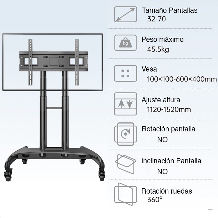 Soporte Pedestal TV móvil con ruedas hasta 70" - Imagen 4