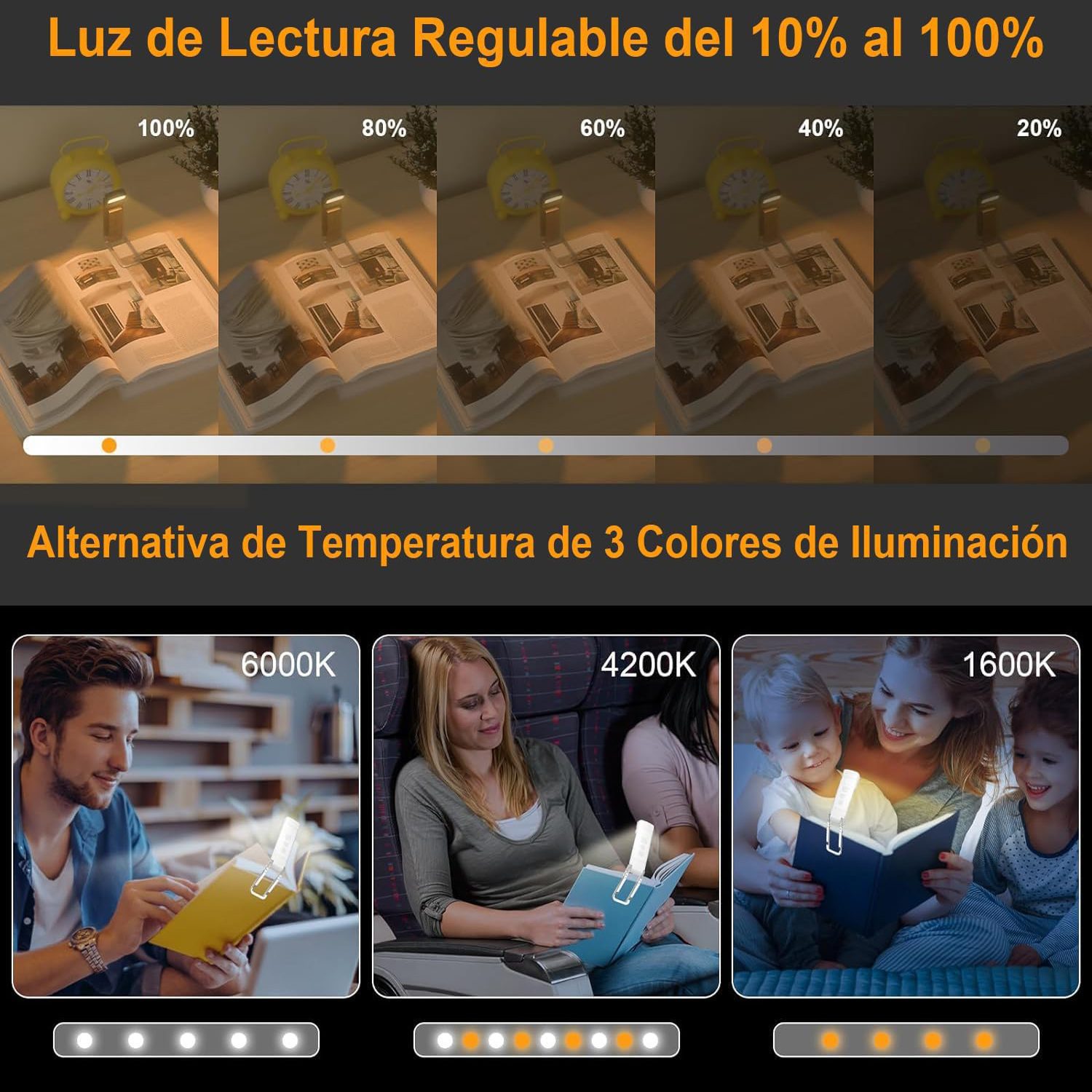 Luz lectura para leer libros cama noche ajustable - Imagen 2