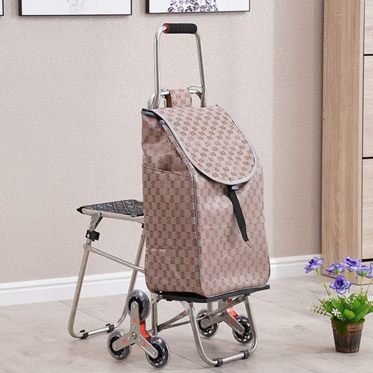 Carrito compras plegable asiento ruedas escalera Café - Imagen 10