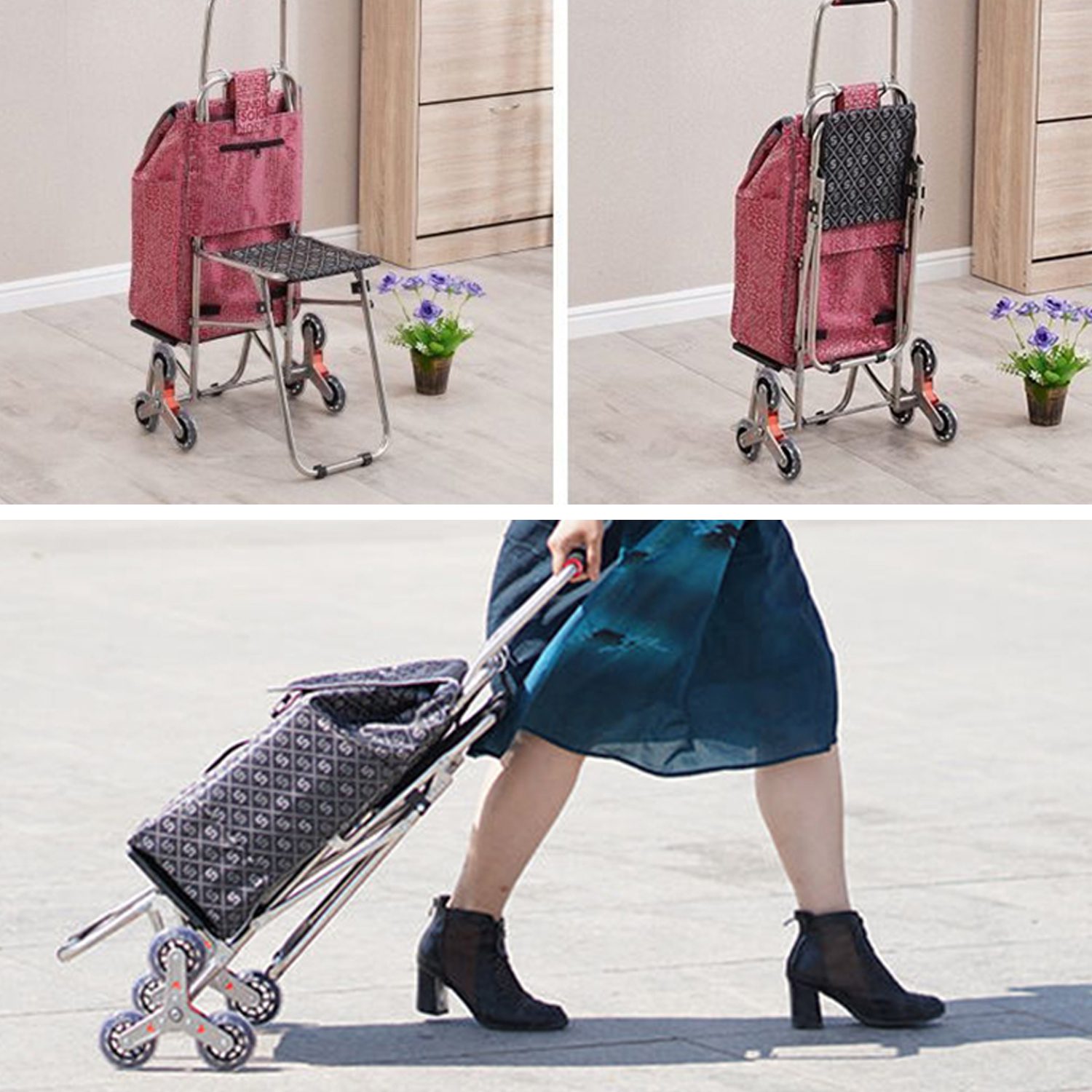 Carrito compras plegable asiento ruedas escalera Café - Imagen 7